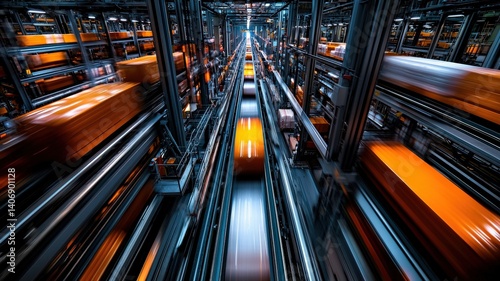 Drone capturing an overhead view of an efficient, high-speed packaging line, cinematic motion blur