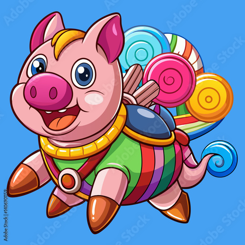 Flying pig with jetpack soaring over vibrant Candyland in a whimsical, adventurous fantasy scene.