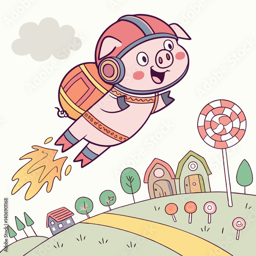 Flying pig with jetpack soaring over vibrant Candyland in a whimsical, adventurous fantasy scene.