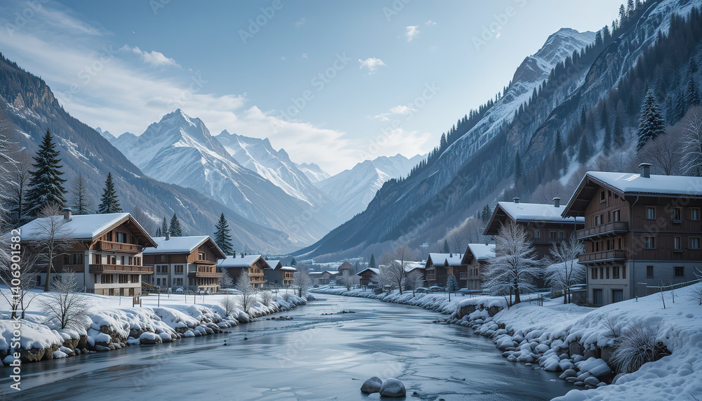 Fototapeta premium Winter Wonderland: Snowy Village in Valley