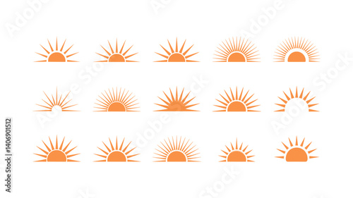 Sunrise Icon Collection: A collection of diverse sunrise icons, each representing the dawn with unique radiant bursts, perfect for various design needs.