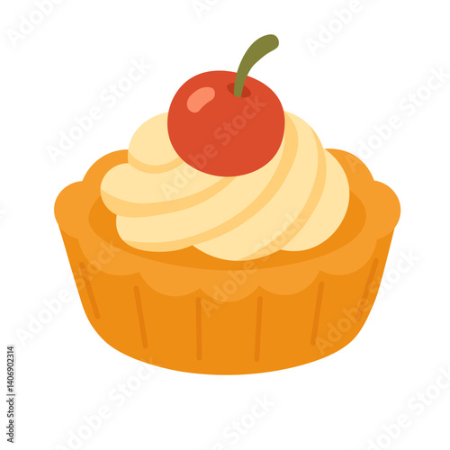Cute cartoon tart with cream and cherry on top. Sweet dessert in flat vector style.