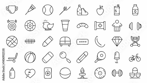 Clean outline icon set showcasing a variety of sport equipment and athletic gear designed to support themes of physical wellness and recreational engagement in design