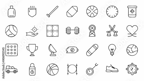 Minimalist linear icons related to sports and fitness gear including items for activities like football basketball tennis and more suitable for health and gym branding
