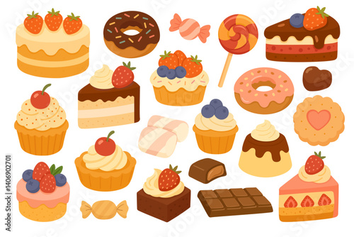 Cute cartoon desserts collection with cakes, donuts, cupcakes and candies. Flat vector illustrations for design.