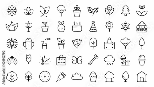 Outline icon set celebrating springtime with linear illustrations of nature flowers rain trees gardening tools and seasonal renewal for fresh and joyful designs