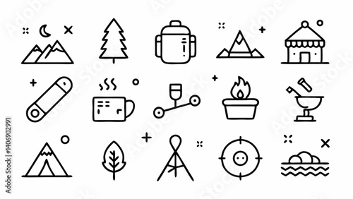Outdoor camping themed outline icon set with tents lanterns campfires hiking tools and more perfect for nature adventure tourism travel and recreational content design