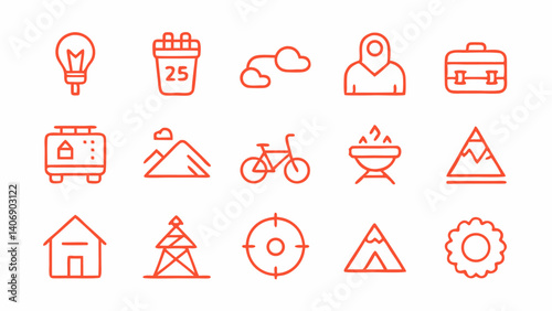 Linear icon set showing various hobbies and recreational activities like drawing photography gardening and sports ideal for personal growth and lifestyle content