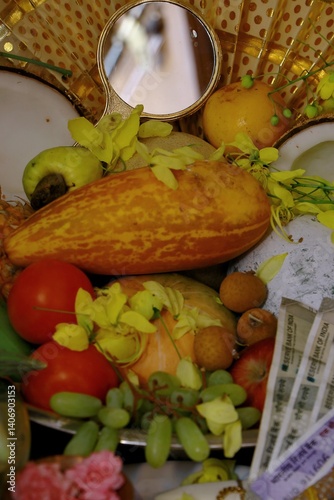 This vibrant and beautifully arranged image captures the essence of a Vishu Kani, a traditional display seen during the Vishu festival, a New Year celebration in the Indian state of Kerala