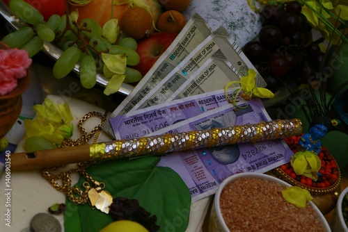 This vibrant and beautifully arranged image captures the essence of a Vishu Kani, a traditional display seen during the Vishu festival, a New Year celebration in the Indian state of Kerala