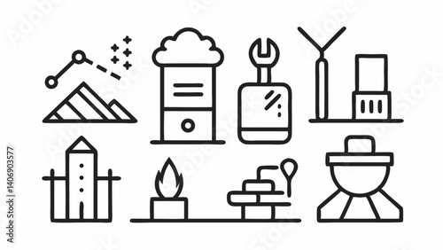 Industrial mining themed icons in clean linear style featuring coal transport tools helmets and extractors ideal for energy sector presentations and factory visuals