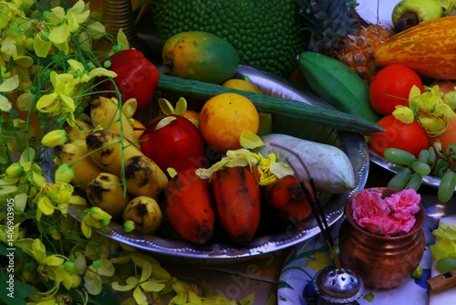 This vibrant and beautifully arranged image captures the essence of a Vishu Kani, a traditional display seen during the Vishu festival, a New Year celebration in the Indian state of Kerala