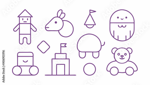 Children toys icon set in outline style featuring dolls action figures puzzles cars and fun playtime elements ideal for kids product branding and playful marketing visuals
