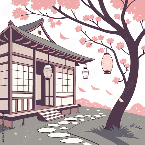 Chinese house and cherry blossom tree landscape vector illustration