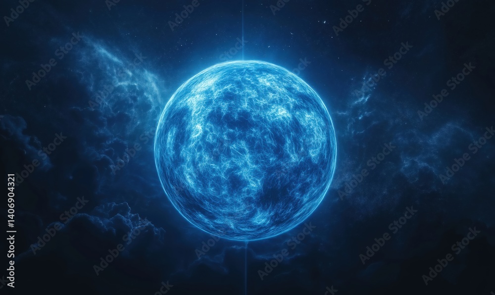 Fototapeta premium Glowing Blue Star in Cosmic Space with Ethereal Clouds and Stellar Background