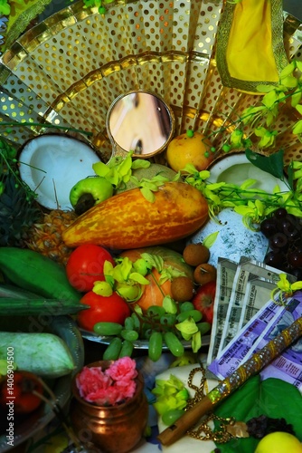 This vibrant and beautifully arranged image captures the essence of a Vishu Kani, a traditional display seen during the Vishu festival, a New Year celebration in the Indian state of Kerala
