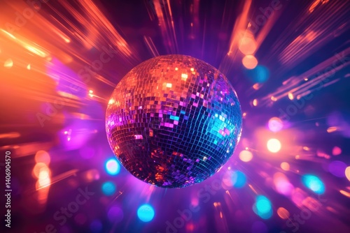 Disco ball reflecting vibrant neon lights, creating a dazzling, energetic party atmosphere.