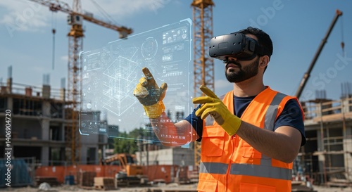 Fototapeta Naklejka Na Ścianę i Meble -  Man in construction using virtual reality technology for building design and visual communication for engineering process, modern digital workspace and technology