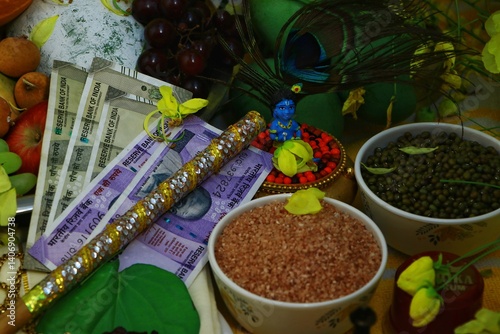 This vibrant and beautifully arranged image captures the essence of a Vishu Kani, a traditional display seen during the Vishu festival, a New Year celebration in the Indian state of Kerala