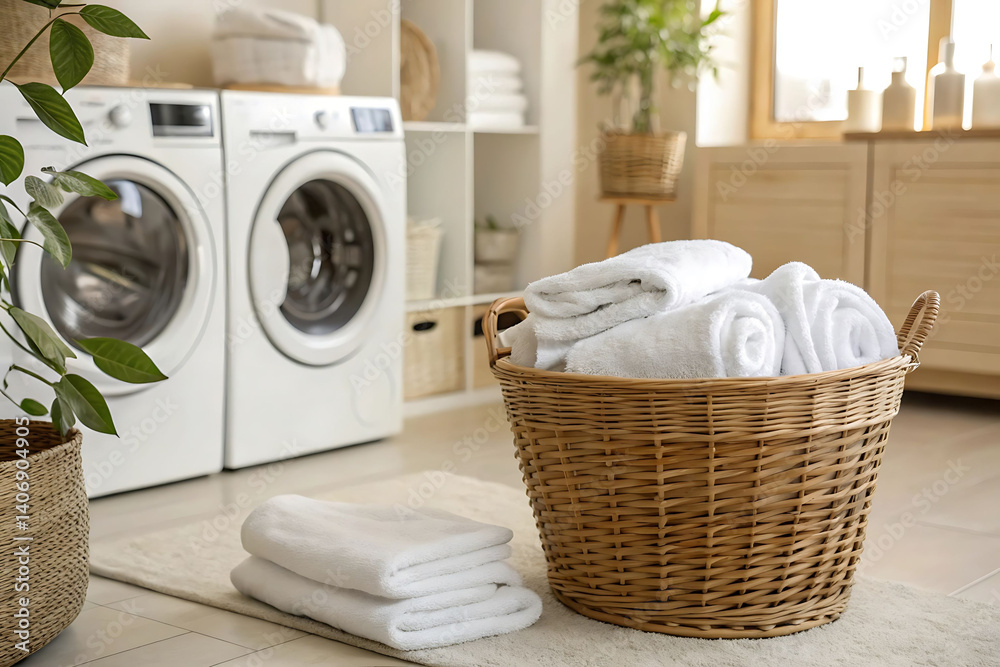 Clean Laundry Basket Filled with Fresh Towels in a Modern Laundry Room Clean Laundry Basket Filled with Fresh Towels in a Modern Laundry Room