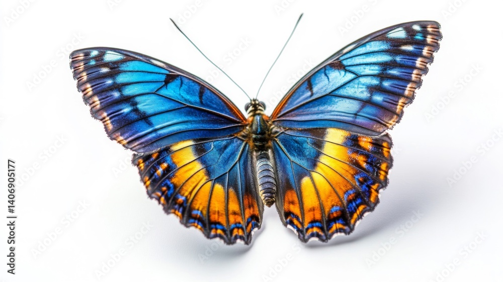 Fototapeta premium Blue and Orange Butterfly on White Background