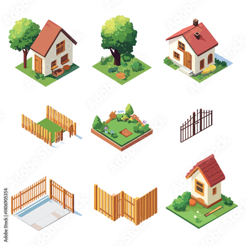 Isometric Garden and Fence Set Illustration