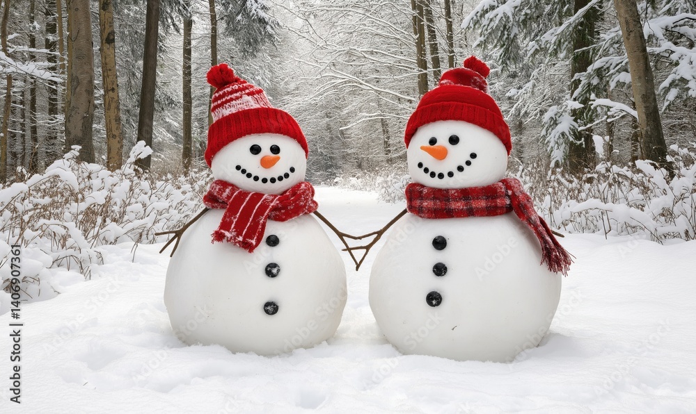 Fototapeta premium Charming snowmen in winter forest with snow-covered trees and festive hats