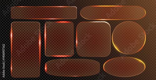Orange neon light frames set isolated on transparent background. Vector realistic illustration of round, oval, rectangular and square shape borders, web or mobile app user interface design elements