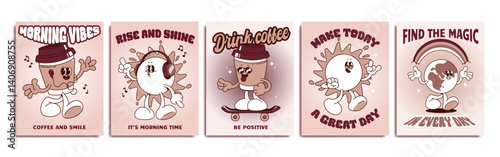 Retro cafe posters set isolated on white background. Vector cartoon illustration of y2k banners with groovy sun, coffee cup, earth characters wearing sunglasses, listening music, skating, morning vibe