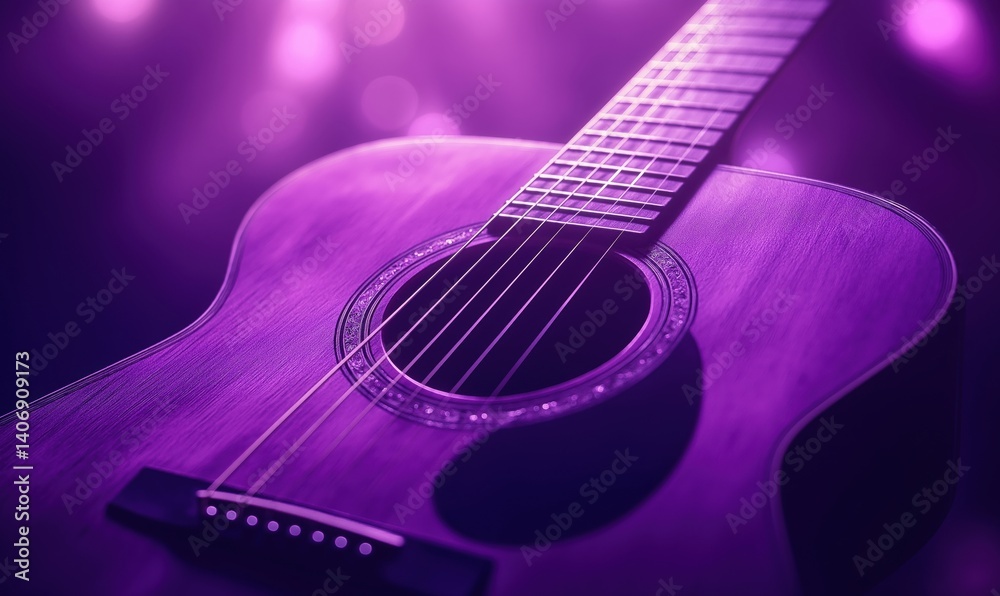 Obraz premium Purple acoustic guitar with soft bokeh background creating a dreamy atmosphere