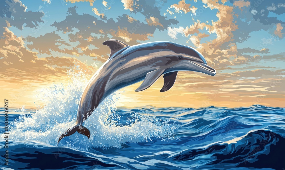 Fototapeta premium Dolphin leaping from ocean waves at sunset with vibrant sky and clouds