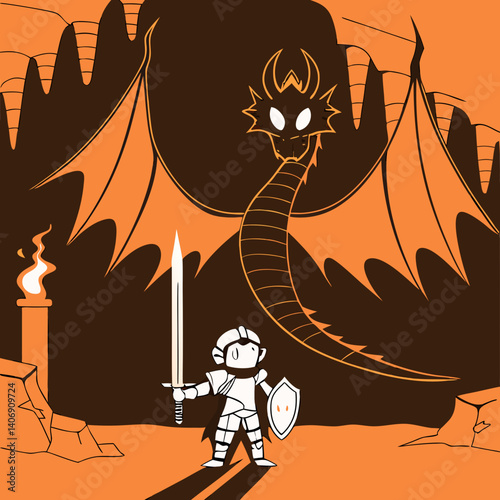 Brave dwarf faces a massive dragon, wielding a sword larger than himself in an epic fantasy showdown