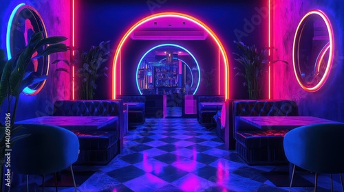 Empty bar with neon lights, patterned floor, booths and plant. For retro vibe use