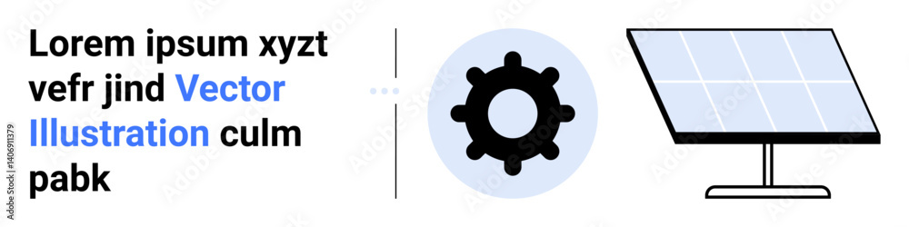 Solar panel on stand next to gear icon and placeholder text. Ideal for sustainability, technology, renewable energy, green solutions, innovation, environment, simple landing page Solar panel on stand next to gear icon and placeholder text. Ideal for sustainability, technology, renewable energy, green solutions, innovation, environment, simple landing page