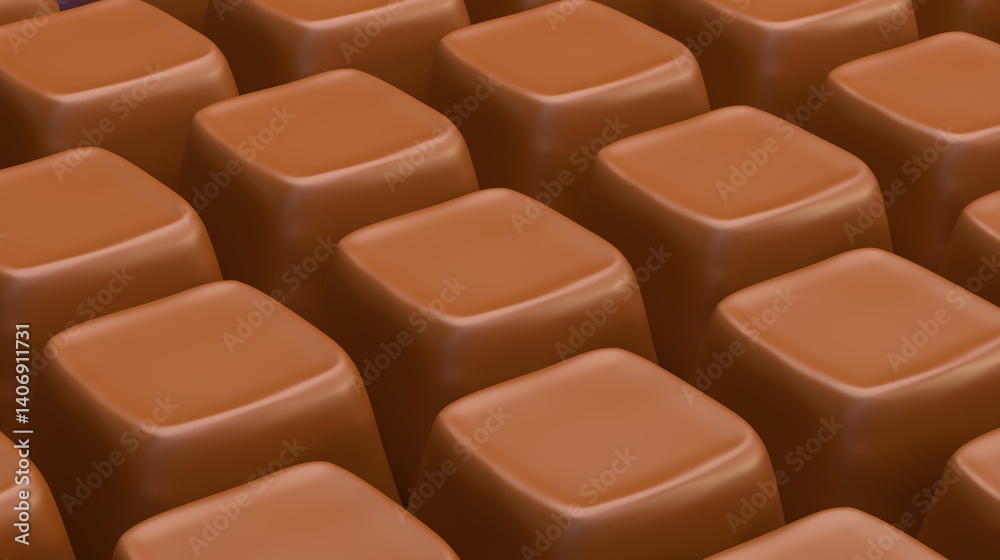 Rich, smooth chocolate squares are aligned uniformly on a conveyor belt in a busy confectionery factory. scene captures the essence of sweet treats being prepared for packaging. 3d render Rich, smooth chocolate squares are aligned uniformly on a conveyor belt in a busy confectionery factory. scene captures the essence of sweet treats being prepared for packaging. 3d render