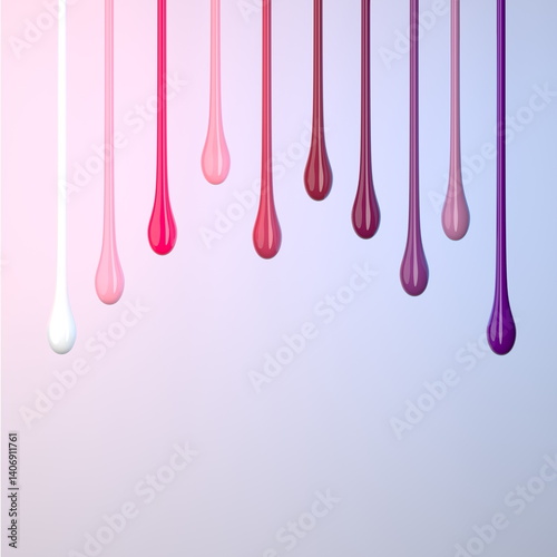 Fototapeta Naklejka Na Ścianę i Meble -  Various vibrant drips of paint in shades of pink and purple are suspended against a soft gradient background, creating an artistic and dynamic visual effect. 3d render