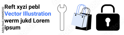 Wrench symbol, shopping bags, and lock emphasize concepts of repair, online shopping, and security. Ideal for e-commerce, privacy, shopping, repair service retail safety flat landing page banner