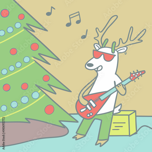 Cool cartoon reindeer in sunglasses rocks an electric guitar beside a festive Christmas tree