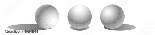 Stipple shading spheres with light direction and shadow. 3D balls drawn with dense dotwork and granular halftone patterns. Pointillism style grayscale gradients and shading for pencil sketch effect.