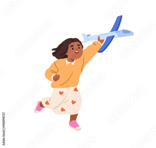 Happy girl kid playing with airplane toy in hand, launching plane. Excited ch...