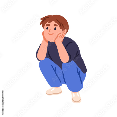 Boy child squatting down and thinking. Curious smiling kid sitting in relaxed pose, happy thoughtful expression, looking up, dreaming, resting. Flat vector illustration isolated on white background