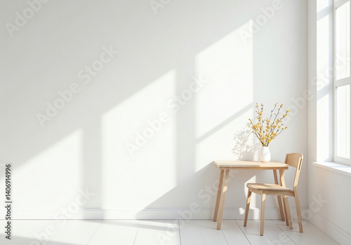 Minimal white interior with table, chair, and flowers