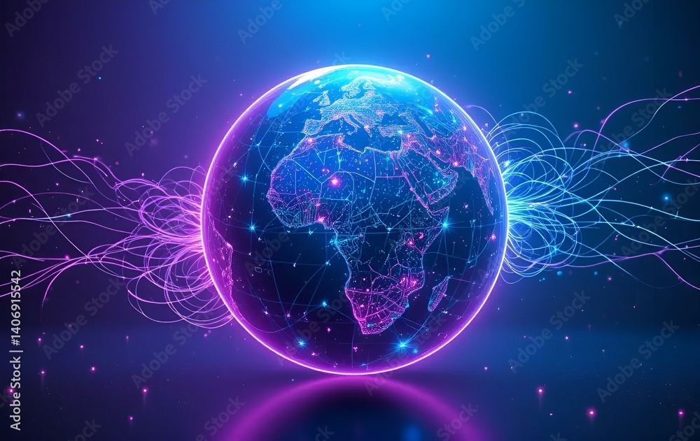 Obraz premium Earth and Network Background Image, Map, Internet, Digital, Light, Web, Banner Texture Advertising Poster