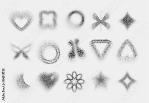Black dotted y2k shape icons collection - heart, square and circle, flower and star, butterfly and geometric symbols with stipple noise effect. Grungy design elements made of scattered points.