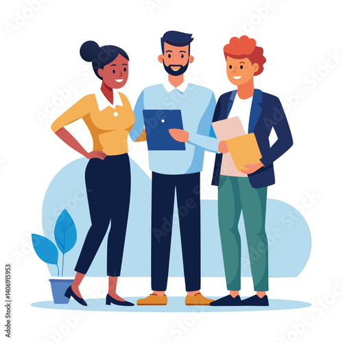 three-diverse-business-partners-standing-and-discus vector image on white background