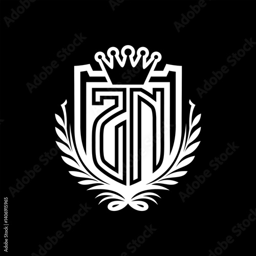 ZN Letter logo heraldic shield shape with crown on black background template design