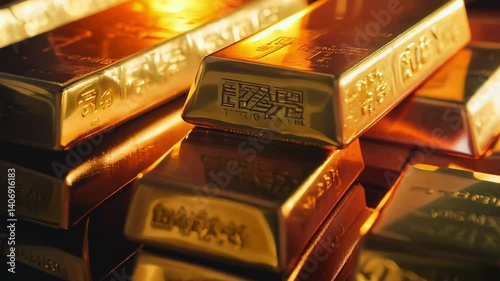 Aerial camera flyover of neatly stacked gold bars, showcasing their reflective surfaces and luxurious shine, symbolizing wealth and financial security