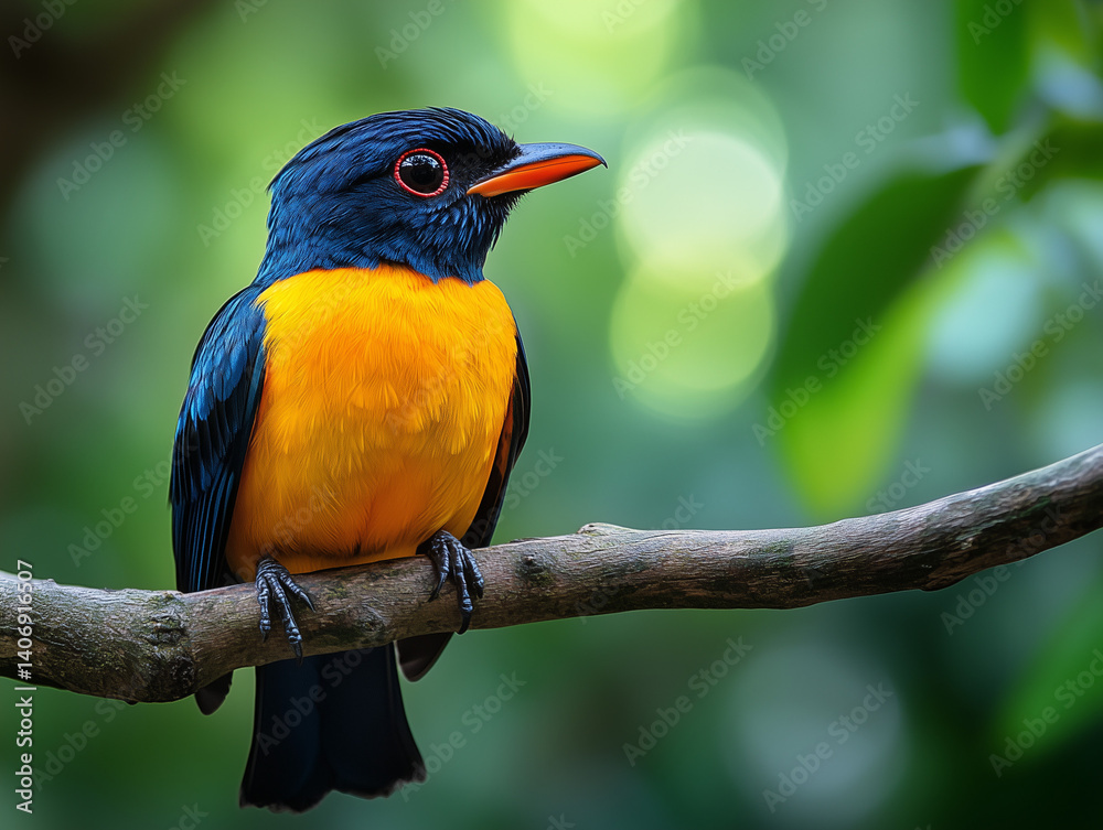 Obraz premium A colorful exotic bird perched on a branch in a tropical forest.