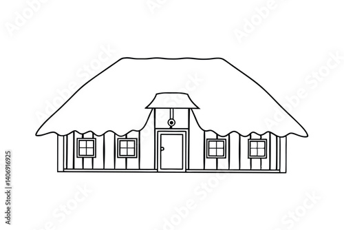 House With Thatched Roof Simple Outline Drawing For Coloring Or Illustration