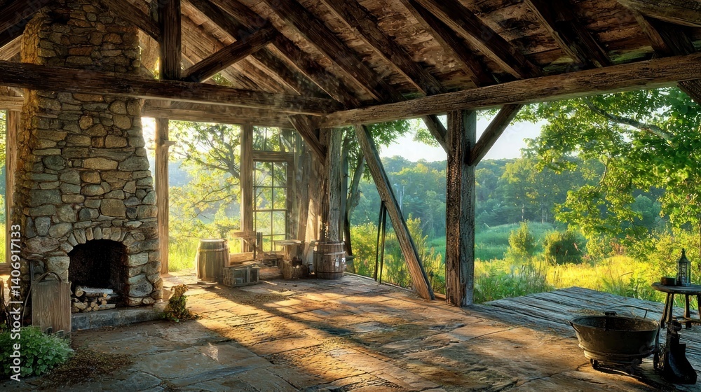 Fototapeta premium Rustic barn-style interior with stone fireplace and wood beams. Sunlight streams in